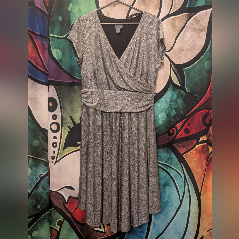 Shimmery Silver Midi Dress by Rabbit Rabbit Rabbit, Short Sleeves, Wrap V-Neck